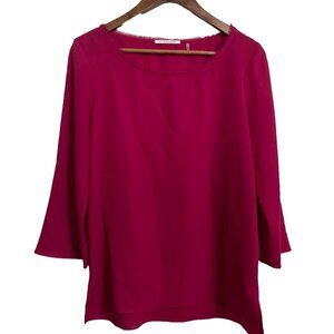 Tahari Womens Fuchsia Pink Roll Tab 3.4 Sleeve Frayed Neckline Blouse Medium